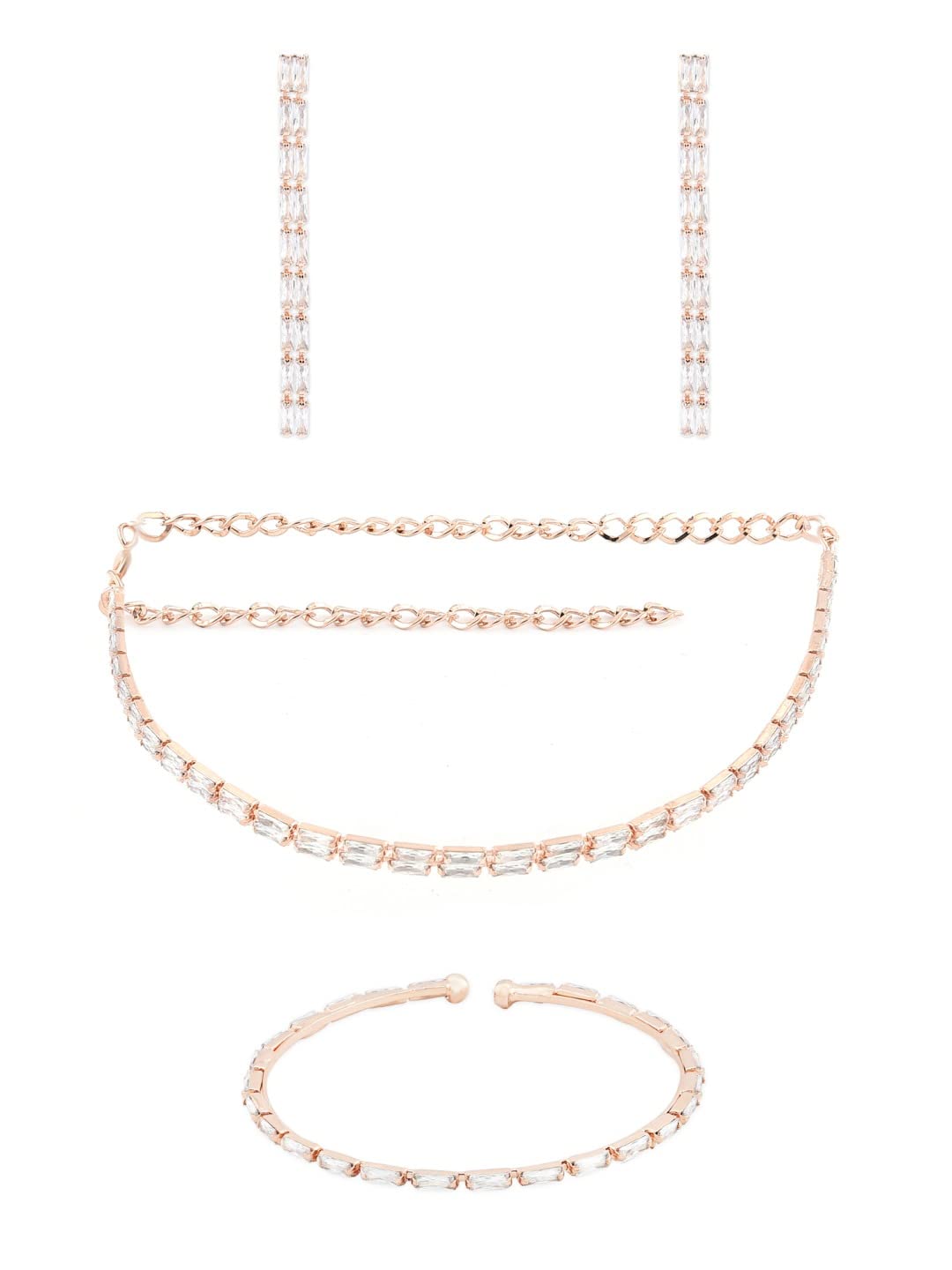 Zaveri Pearls Rose Gold Baguette Cubic Zirconia 2 Strands Necklace Earring & Bracelet Set For WomenZpfk12574