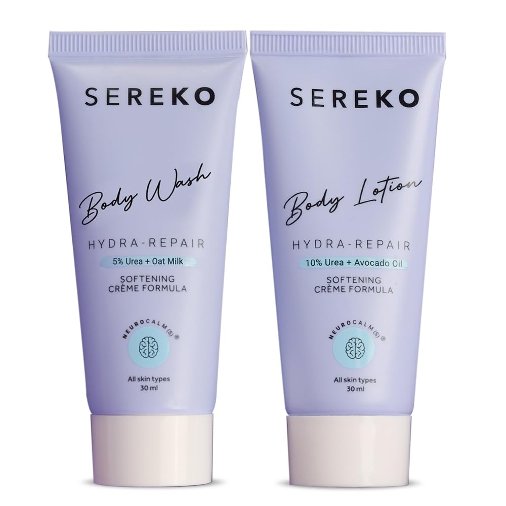 Sereko 48H Skin Relief Body Wash And Lotion Travel Combo | Urea Treatment For Strawberry Legs, Detan, Brightening |Gentle Exfoli