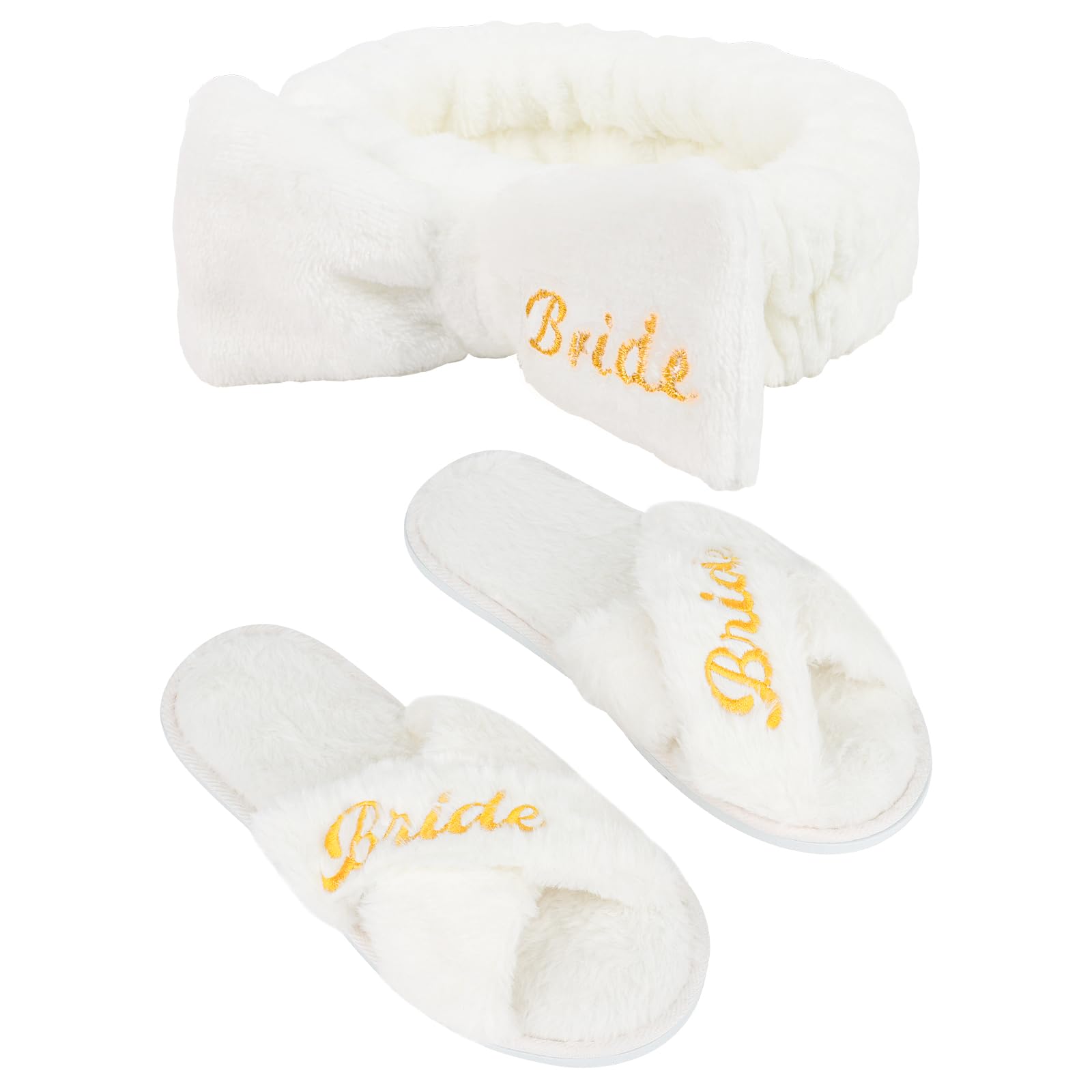 CIEHER Bride Spa Headband & Bride Slippers Set, Bride to Be Slippers Bride Gifts for Bachelorette Party Favors Bridal Shower Dec