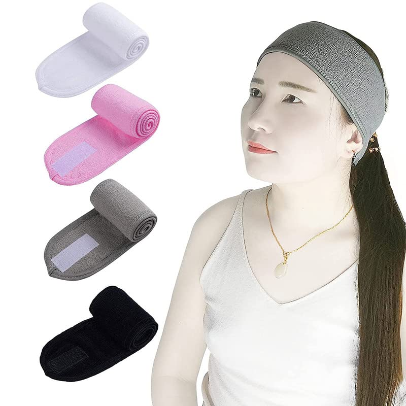 Shidara Facial Spa Headband  4 Pcs Makeup Shower Bath Wrap Sport Headband Terry Cloth Adjustable Stretch Towel with Magic Tape 