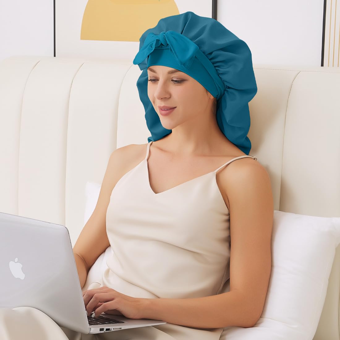 Long Satin Bonnet For Sleeping, Satin Lined Braid Bonnet With Elastic Band, Long Strap Bonnets For Women Braids(Dark Blue) Showe