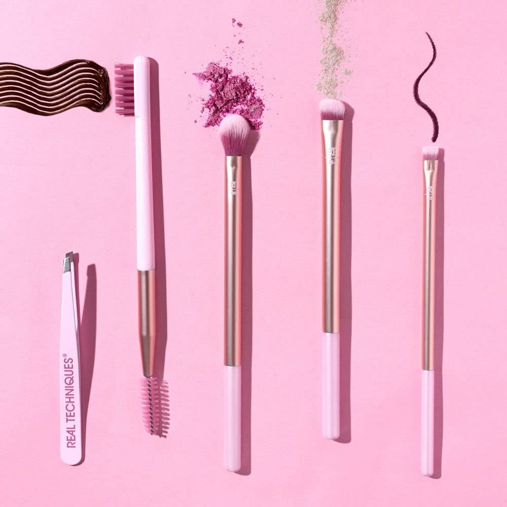 Naturally Beautiful Eye Set By Real Techniques For Women - 5 Pc Tapered Shadow Brush - 355, Brow Highlighter Brush - 354, Flat L