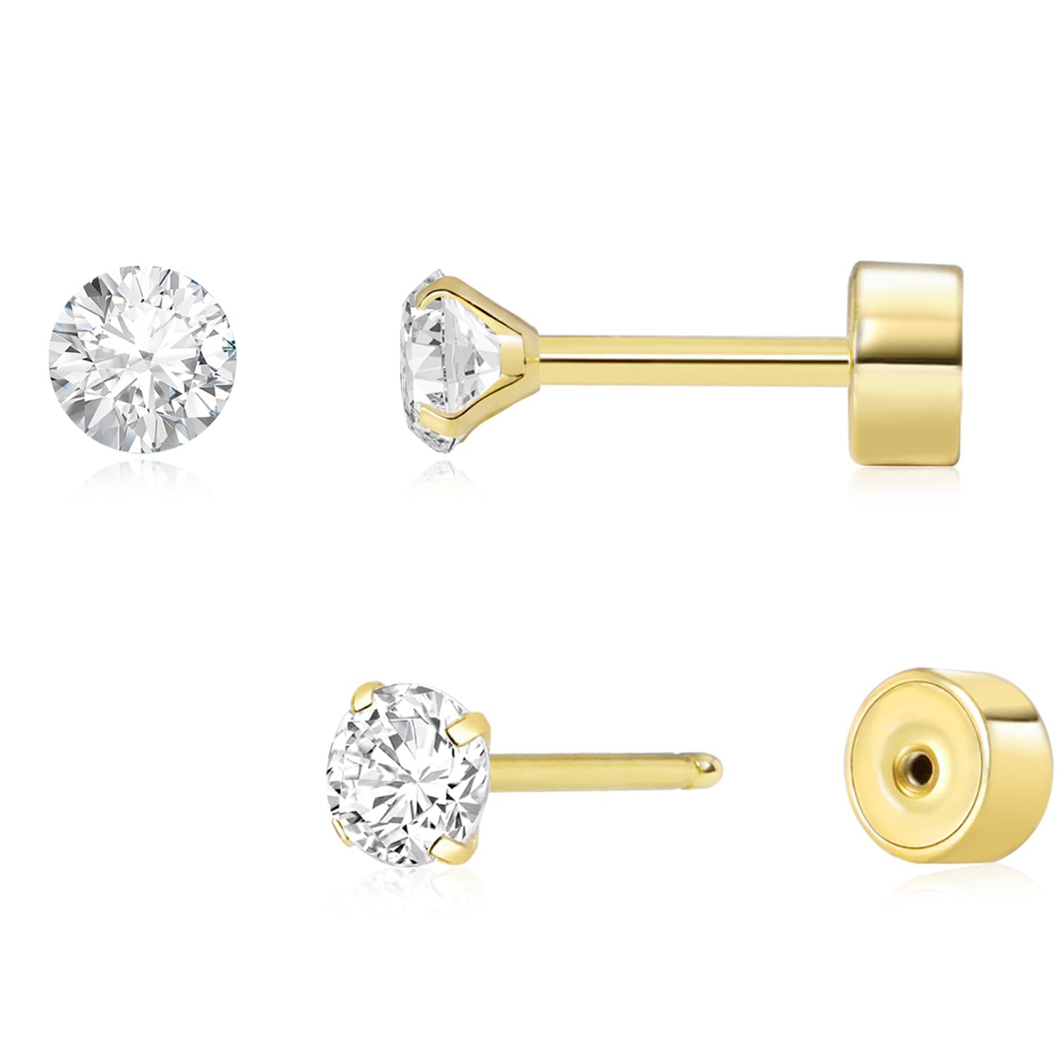 Threadless Flat Back Earrings, Hypoallergenic 14K Real Gold Plated CZ Stud Earrings | Cartilage Earring | Tragus Helix Piercing 