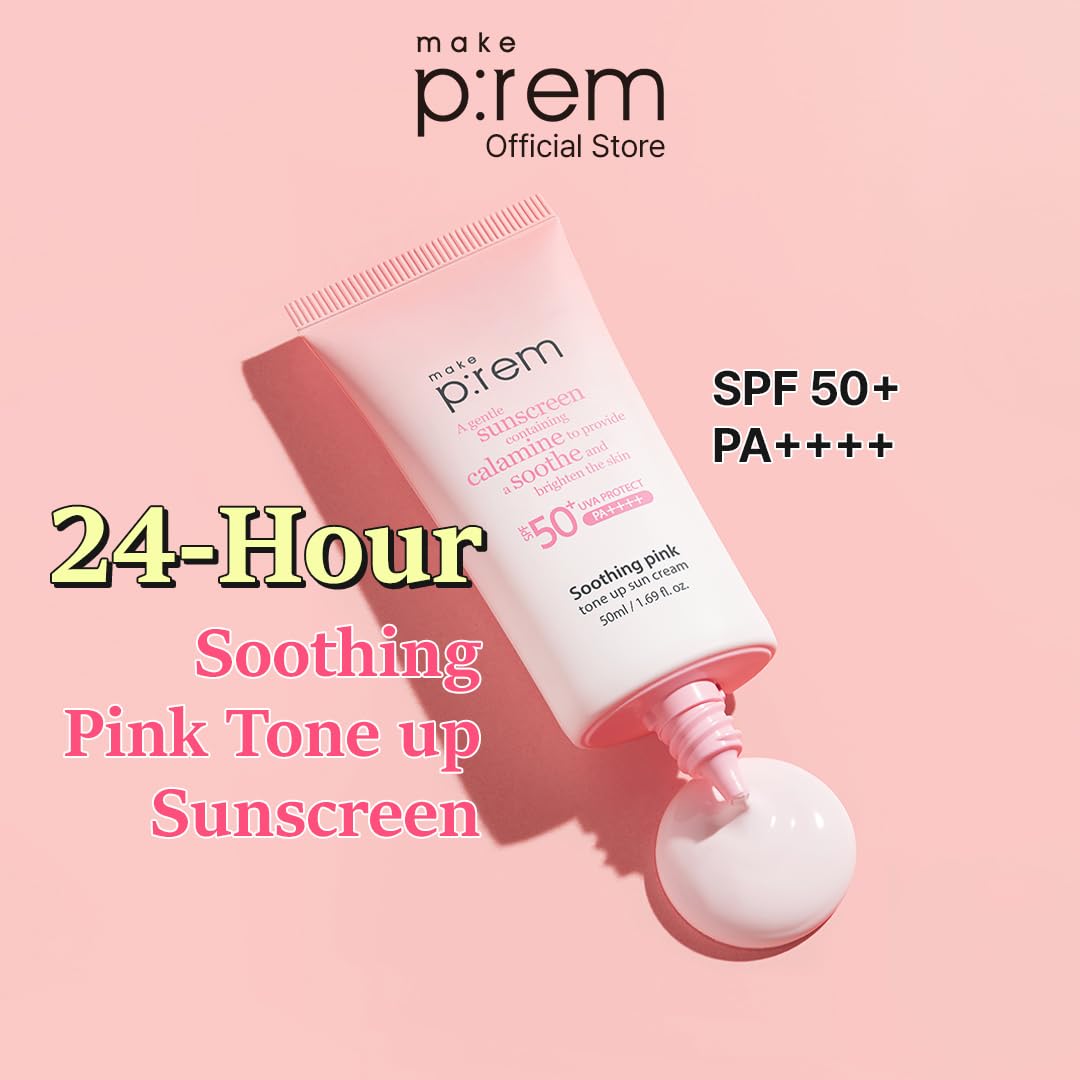 Make P:Rem Soothing Pink Tone Up Sun Cream, Mineral Sunscreen For Dehydrated Skin, Lightweight, Non-Greasy Formula, Skin Tone Co