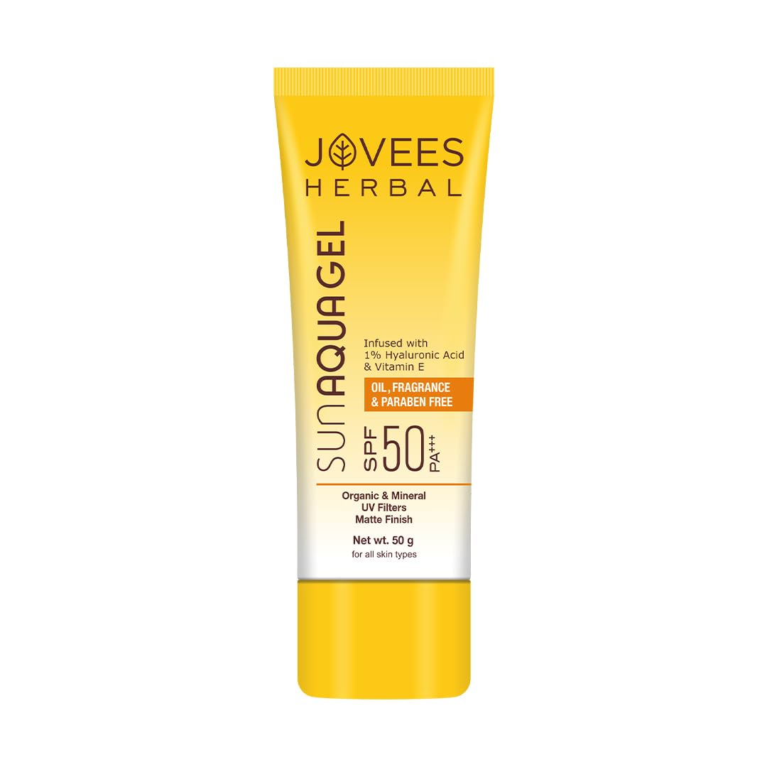 Jovees Herbal Sun Aqua Gel Sunscreen Spf 50 Pa+++ | Lightweight, WaterLike Texture | 1% Hyaluronic Acid | NonGreasy, No White 