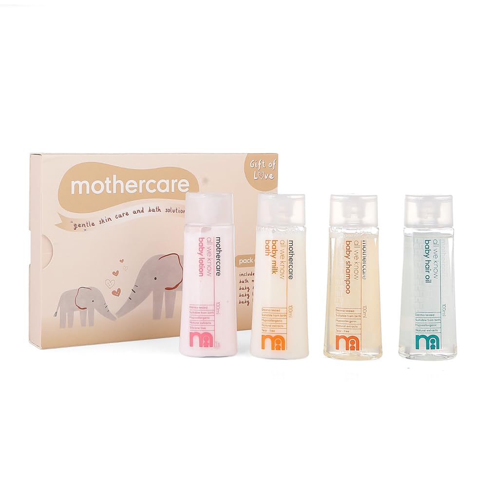 Mothercare Gift Set For Babies | Baby Gift Box (Pack Of 4, 100Ml Each) | Bath Milk, Baby Lotion, Baby Hair Oil & Baby Shampoo