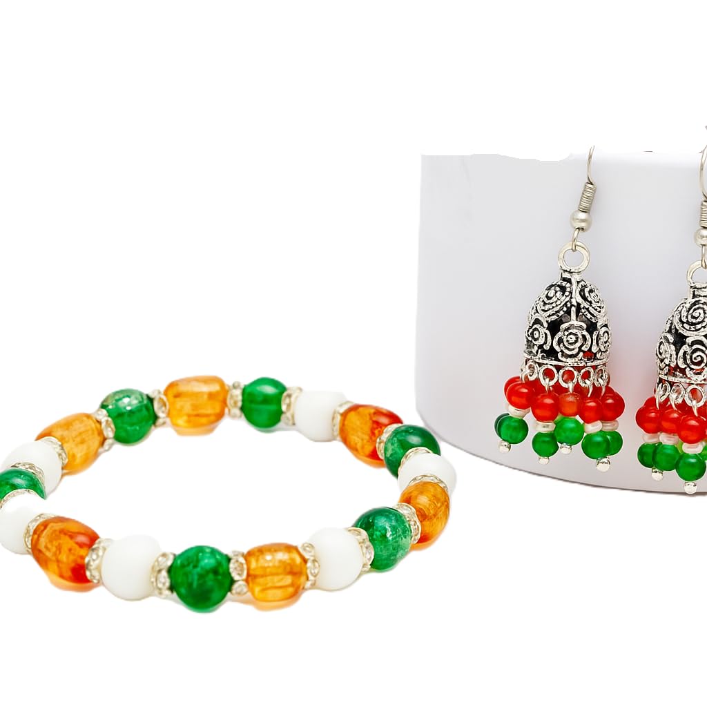 Aurora Gems Traditional Tricolor Beaded Bracelet and Jhumka Earrings Set for Women and Girls - Ethnic Indian Jewelry for Festive