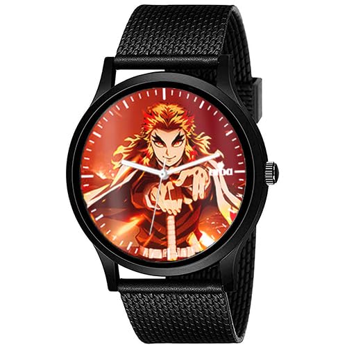 Aroa For Ky?Jur? Rengoku On Fire Model : 1265 Black Metal Analog Black Strap Red Dial Stylish For Boys