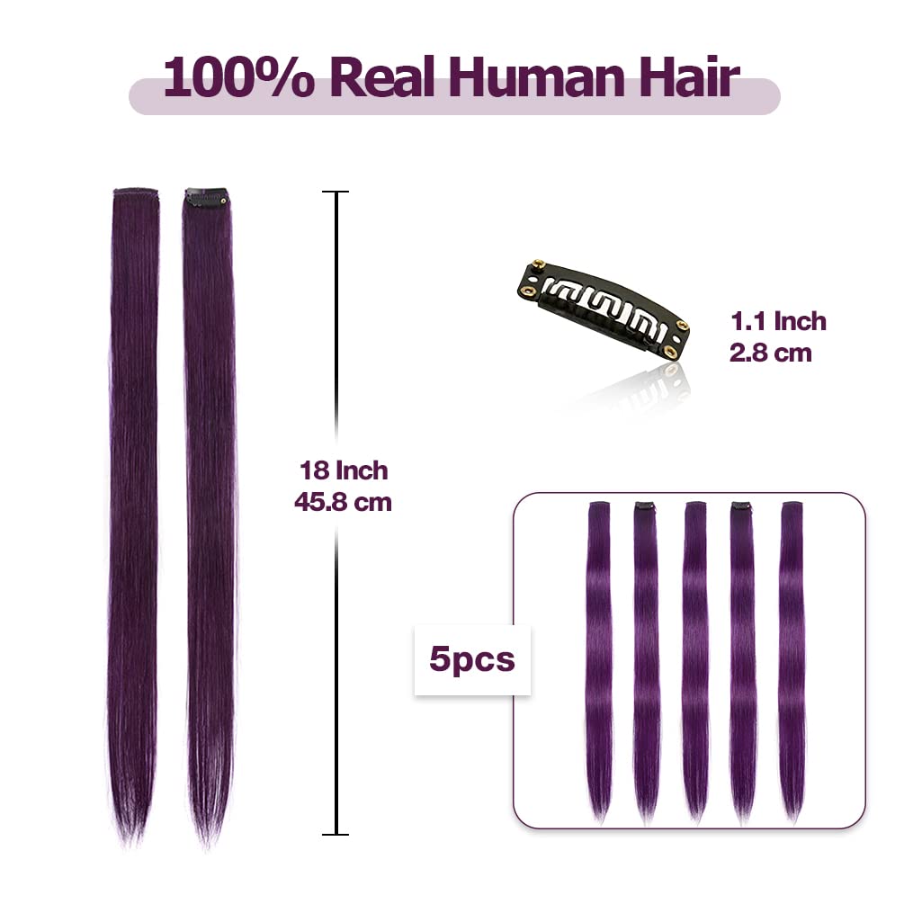 Winsky Purple Clip In Hair Extensions - 100% Real Human Hair Colored Girls Halloween Hair Pieces 5 Pieces/Set (18Inch,Purple)