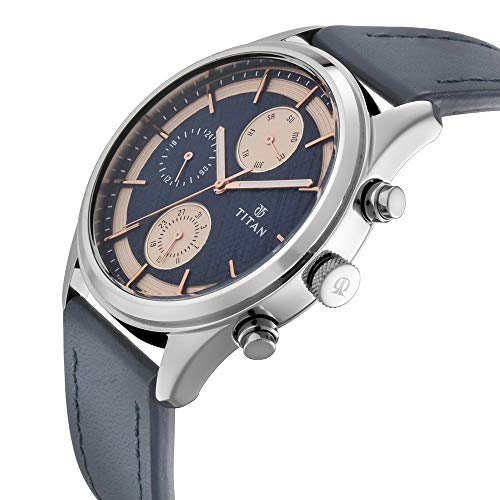 Titan Workwear Men’S Chronograph Watch - Quartz, Water Resistant, Leather Strap – Blue Band And Blue Dial