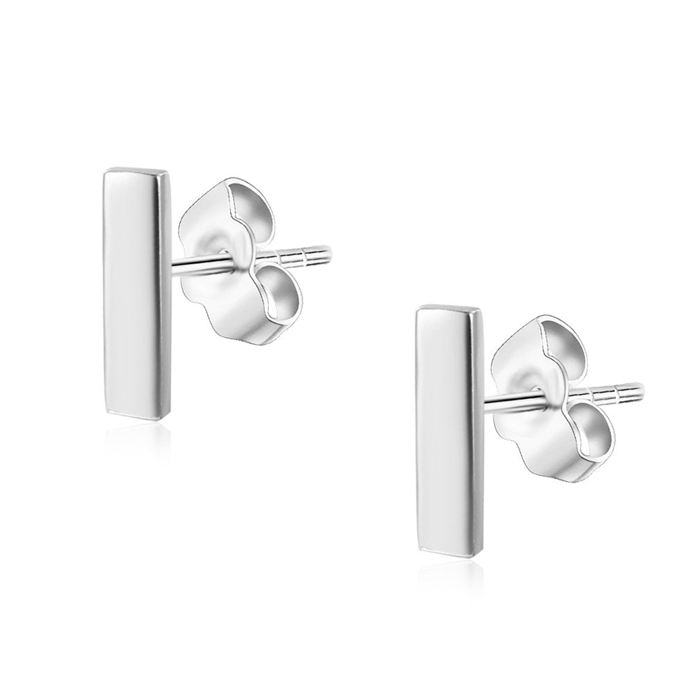Womens Sterling Silver Tiny Bar Studs PushBack Earrings in Sterling Silver White Gold Finish