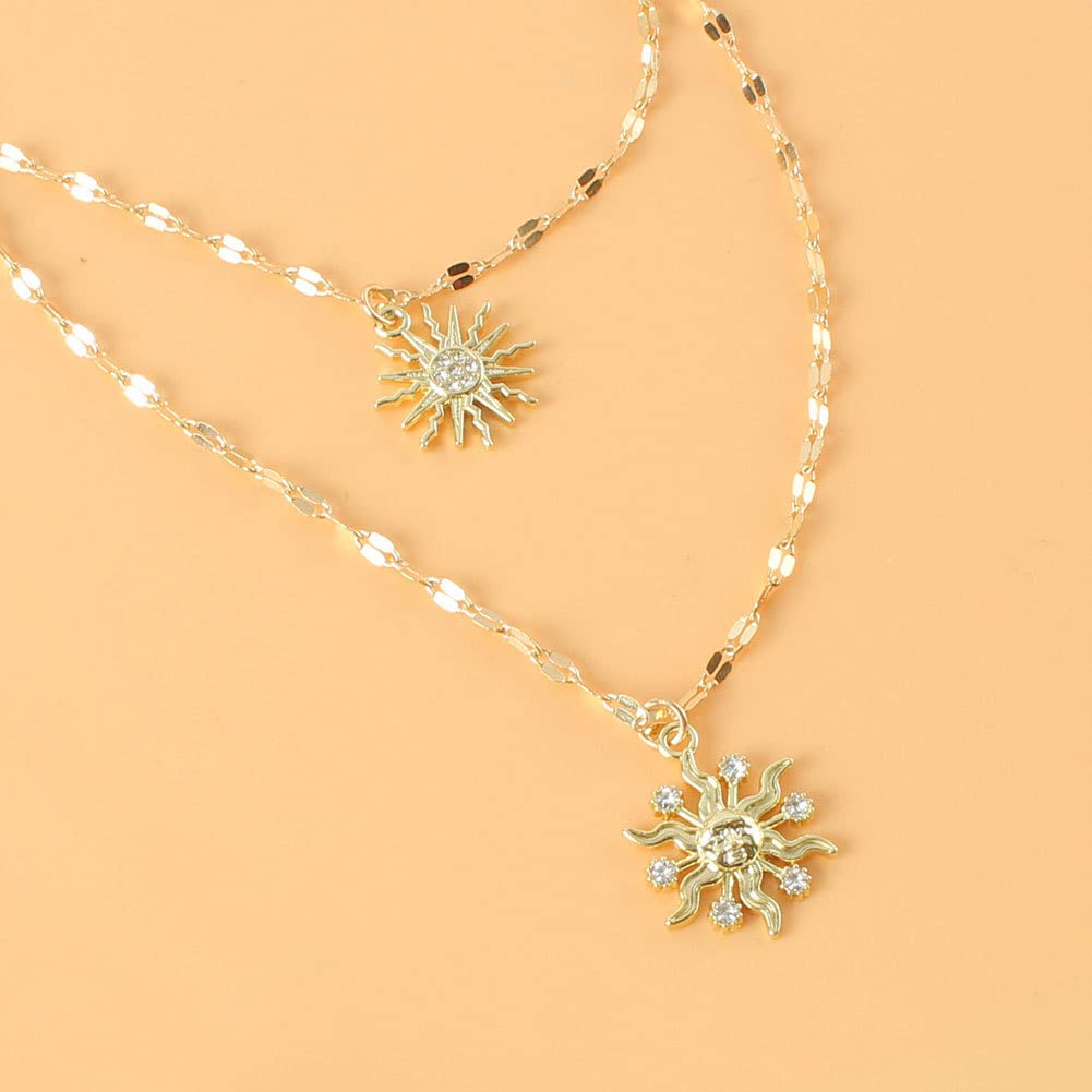 COLORFUL BLING Double Chains Moon and Sun Layered Choker Necklace Sunflower Opal Pendant Necklace Gift for Women-N double crysta