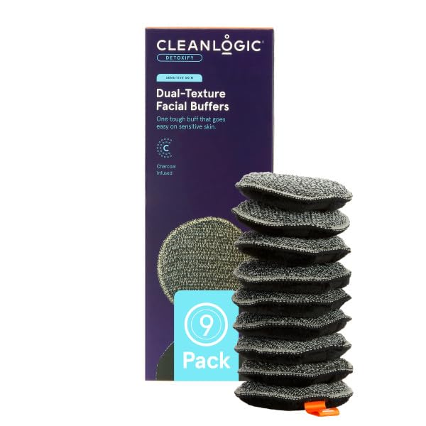 CleanLogic Bath & Body Charcoal Infused Exfoliating Dual-Texture Facial Pads, Face Sponges for Cleansing & Softening Sensitive S