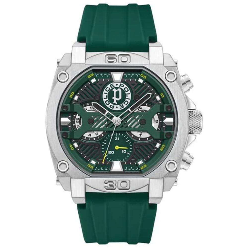 Police Green Dial Multifunction Silicone Strap Watch For Men