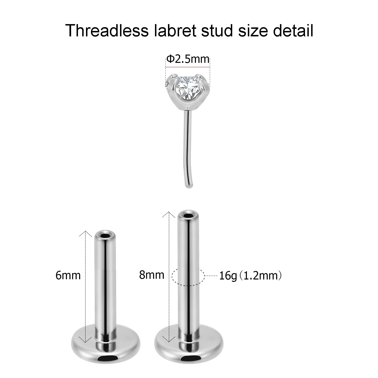 NewkeepsR 16G G23 Titanium Press Fit Threadless Push Pop in 2.5mm Cubic Zirconia Top Labret Lip Monroe Stud Tragus