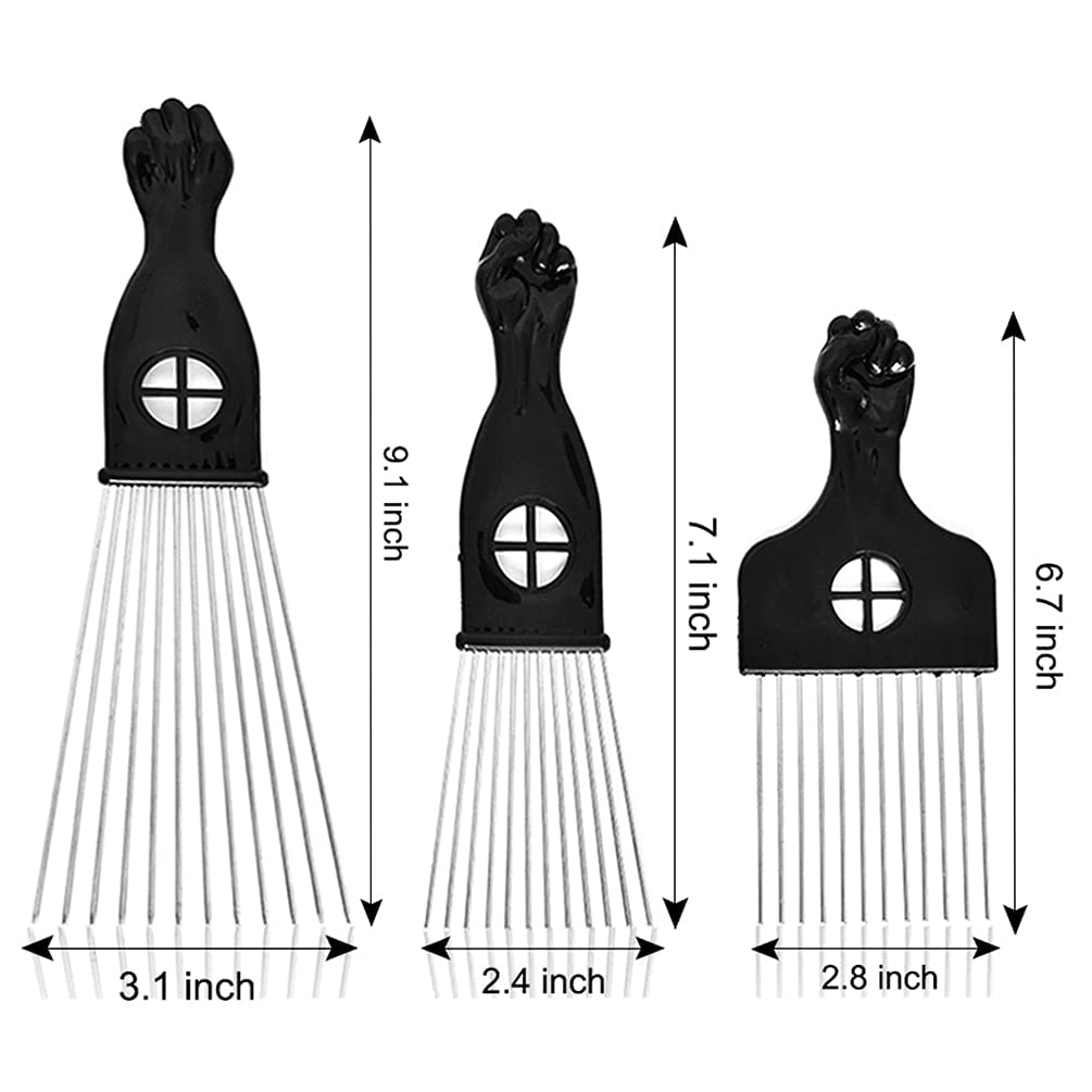 MODSIGHT 3 Pack Afro Picks - Metal Hair Combs for Curly Hair, Black, Hairdressing Tool for Women/Men