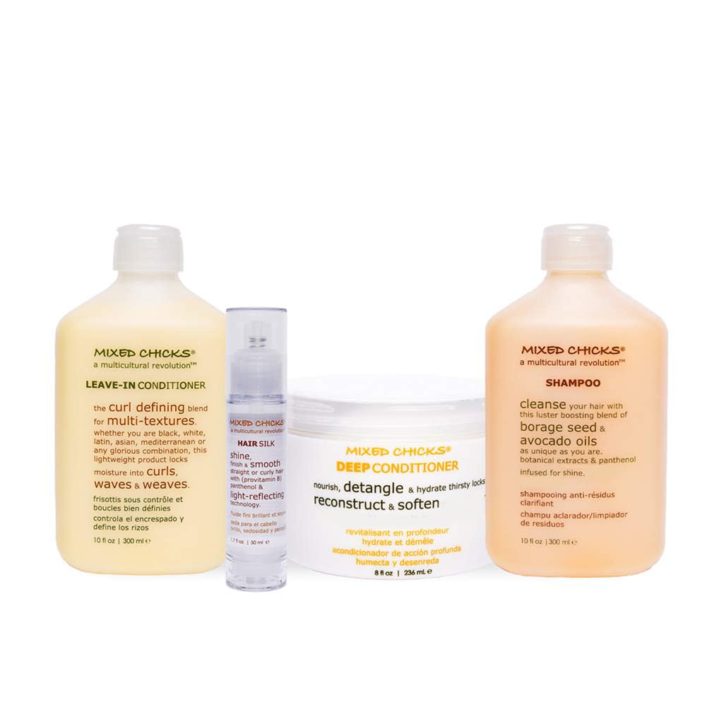 Mixed Chicks Quad Pack - Shampoo 10 fl. oz., Deep Conditioner, 8.0 fl. oz., Leave-In Conditioner, 10 fl. oz., Hair Silk, 1.7 fl.