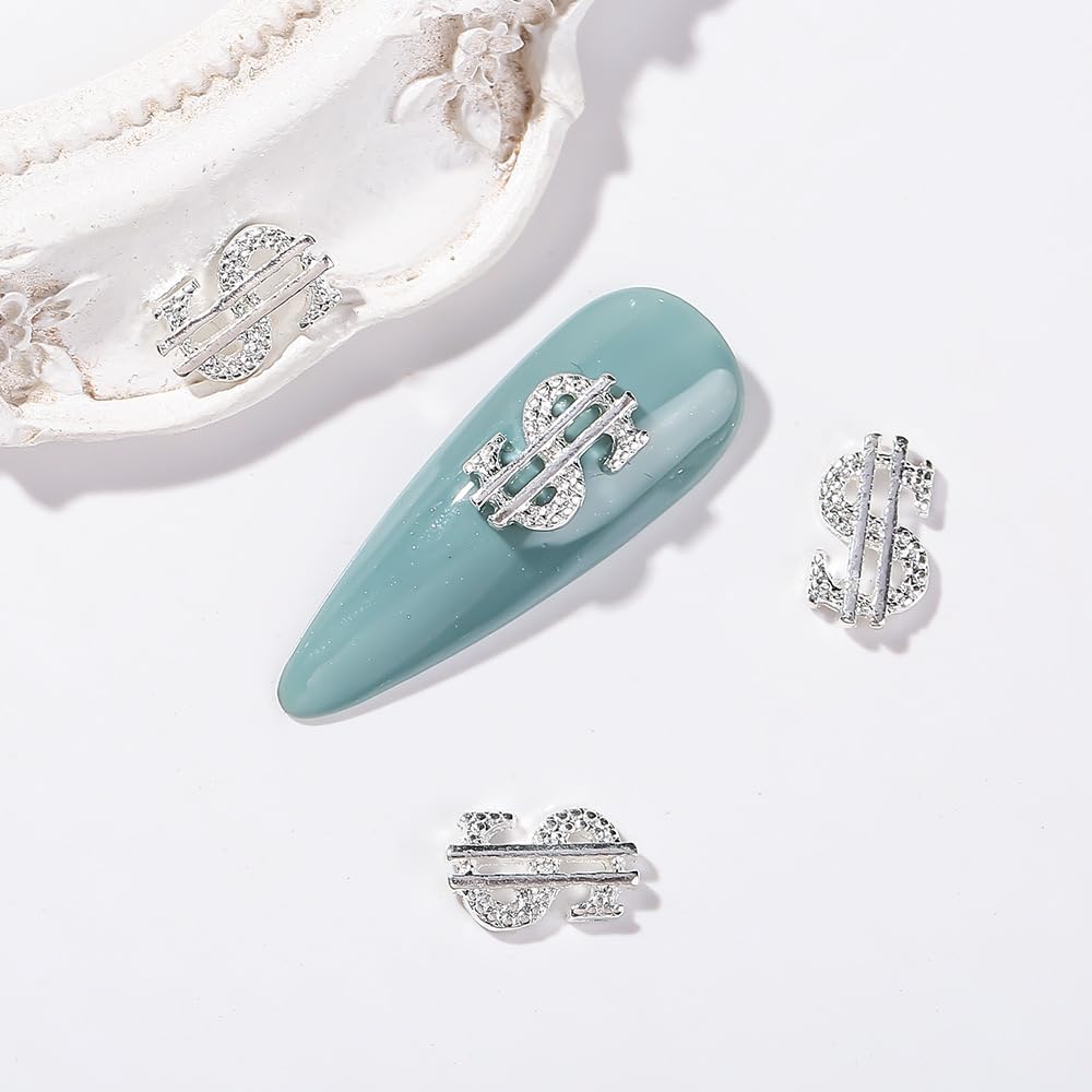 30Pcs Money Dollar Nail Charms Gold And Silver 3D Alloy Dollar Money Nail Art Charms With Rhinestones For Women Nail Decoration