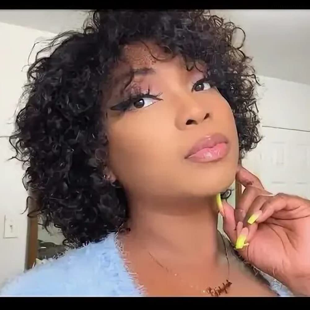 Short Curly Human Hair Wigs For Black Women UDU Short Curly Wigs Human Hair Non Lace Glueless Wig with Bangs Side Part Wigs (Nat