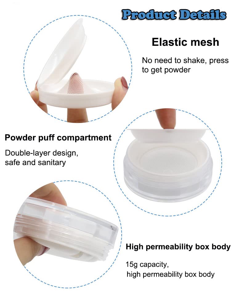 Akoak Capacity 15Ml(0.5 Oz) No Leaks Empty Reusable Plastic Loose Powder Compact Container Diy Makeup Powder Case With Sponge Po