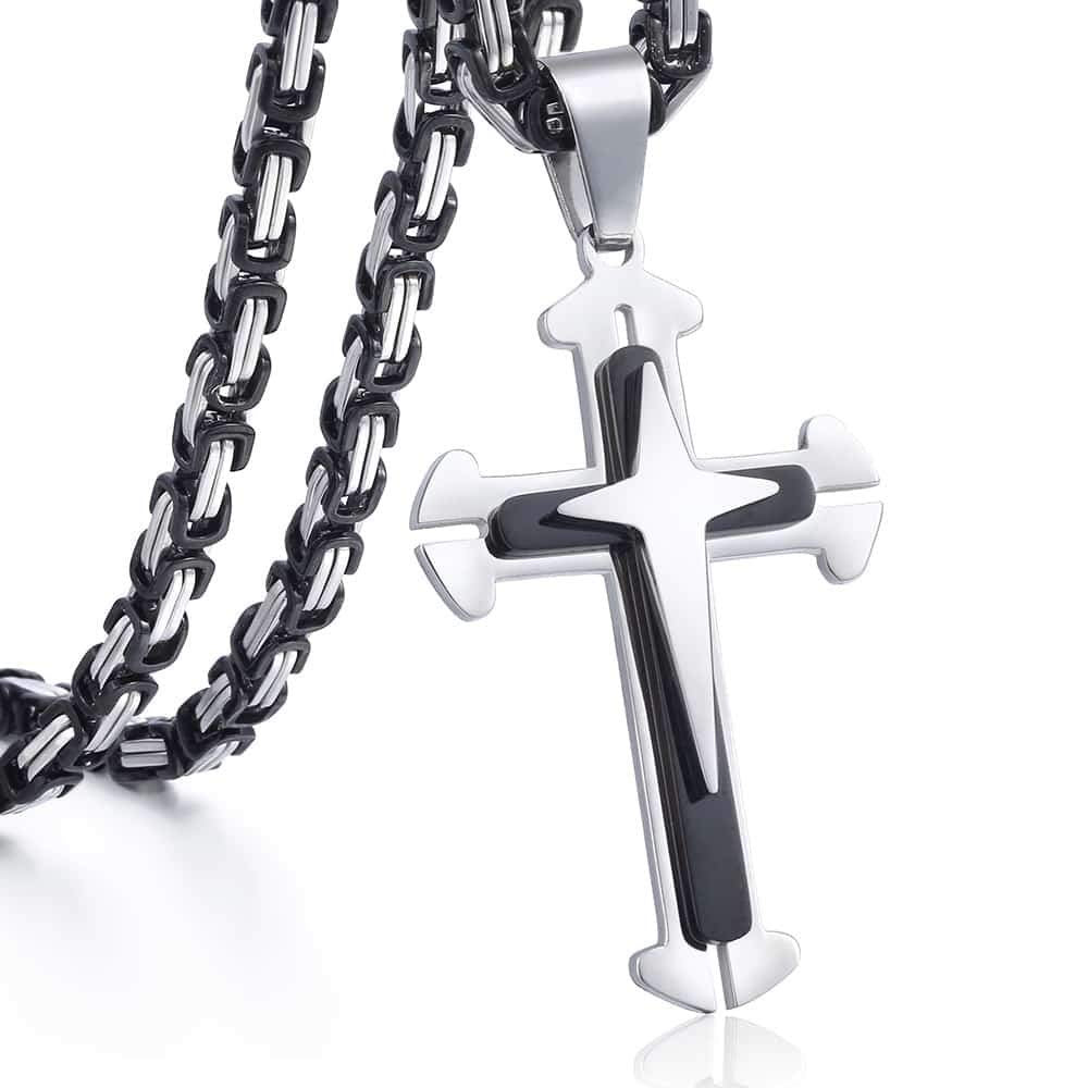 Trendsmax Mens Cross Pendant Necklace Stainless Steel Black Silver Byzantine Chain 22inch