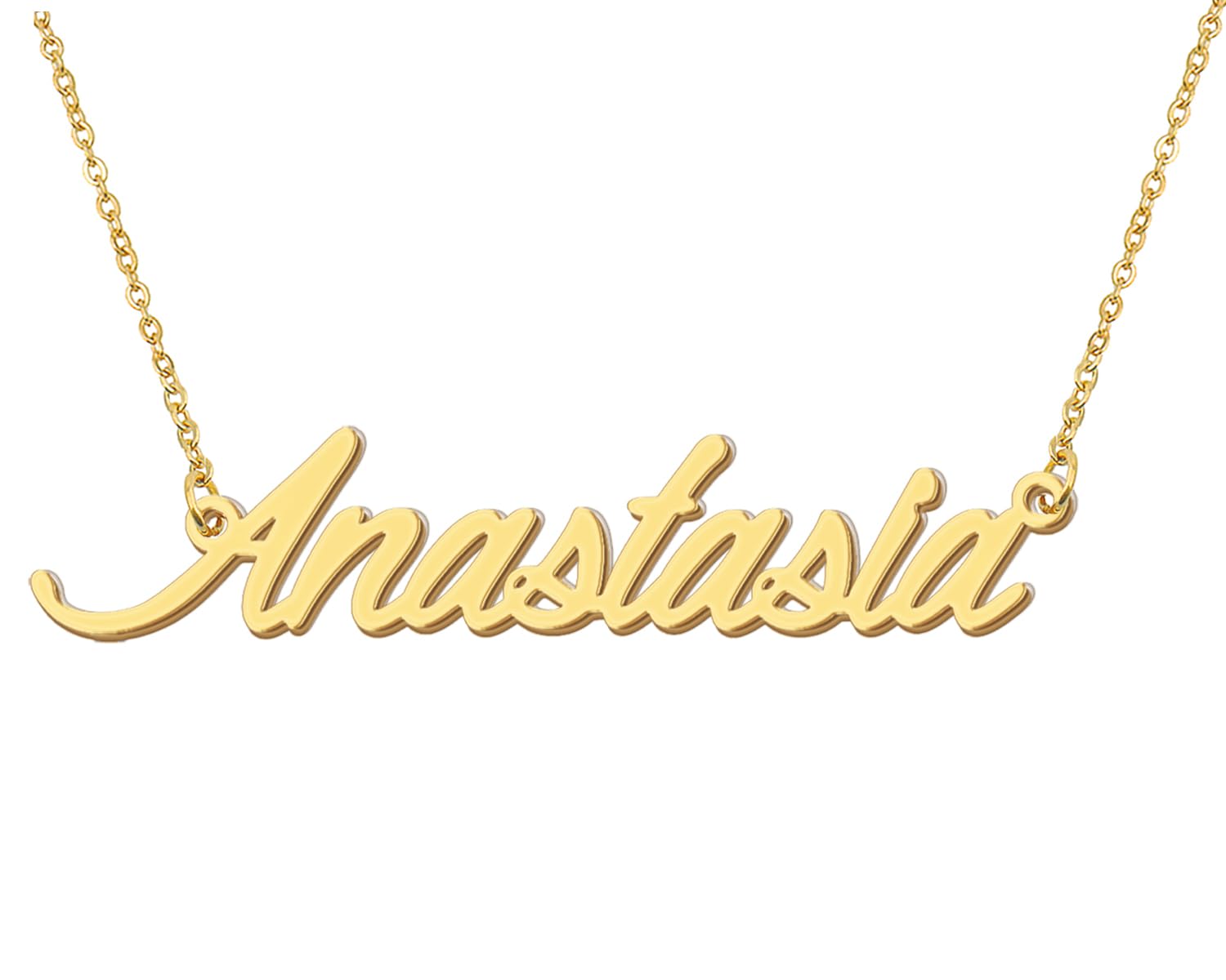 Aoloshow 18k Gold Plated Anastasia Name Necklace Initial Nameplate Necklaces Womens Stainless Steel Jewelry for Christmas