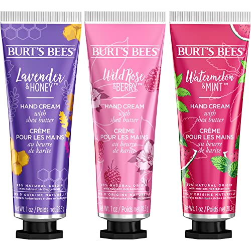 Burts Bees Spring Gift, 3 Moisturizing Self Care Gifts, Shea Butter Hand Cream Trio Spring Set - Lavender & Honey, Wild Rose & B
