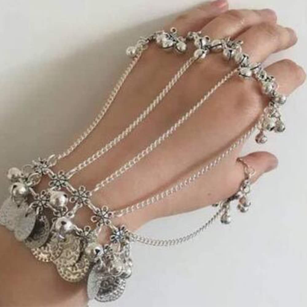 YERTTER Women Gothic Coin Tassel Bell Tassel Finger Bracelet Hip Hop Street Dancing Cosplay Wristband for Halloween and Special