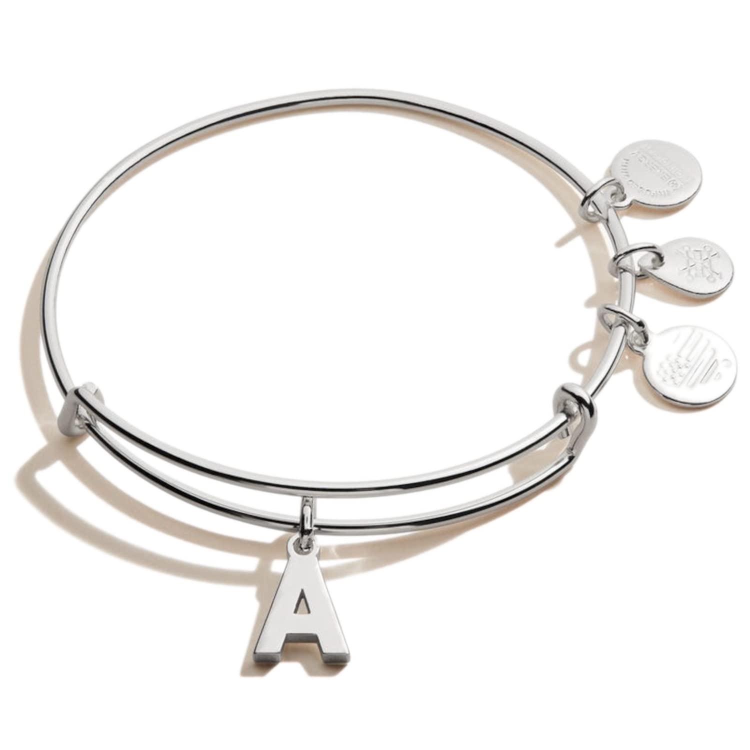 Alex and Ani Expandable Bangle for Women, Initial A Letter Charm, Shiny Silver Finish, 2 to 3.5 in (A20EBINT01SS)