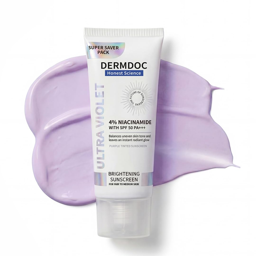 Dermdoc Spf 50 Ultra Violet Brightening Tinted Sunscreen With 4% Niacinamide, 100G | Pa +++ | With Purple Tint | Evens Skin Tone