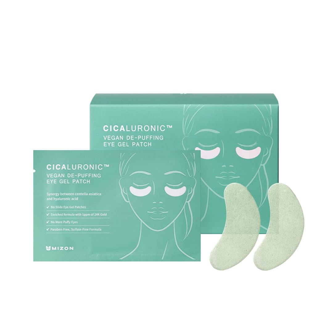 MIZON Cicaluronic Vegan De-puffing Eye Gel Patch, 24K Gold & Cica Under Eye Mask, Reduces Puffy Eyes, Dark Circles and Wrinkles 