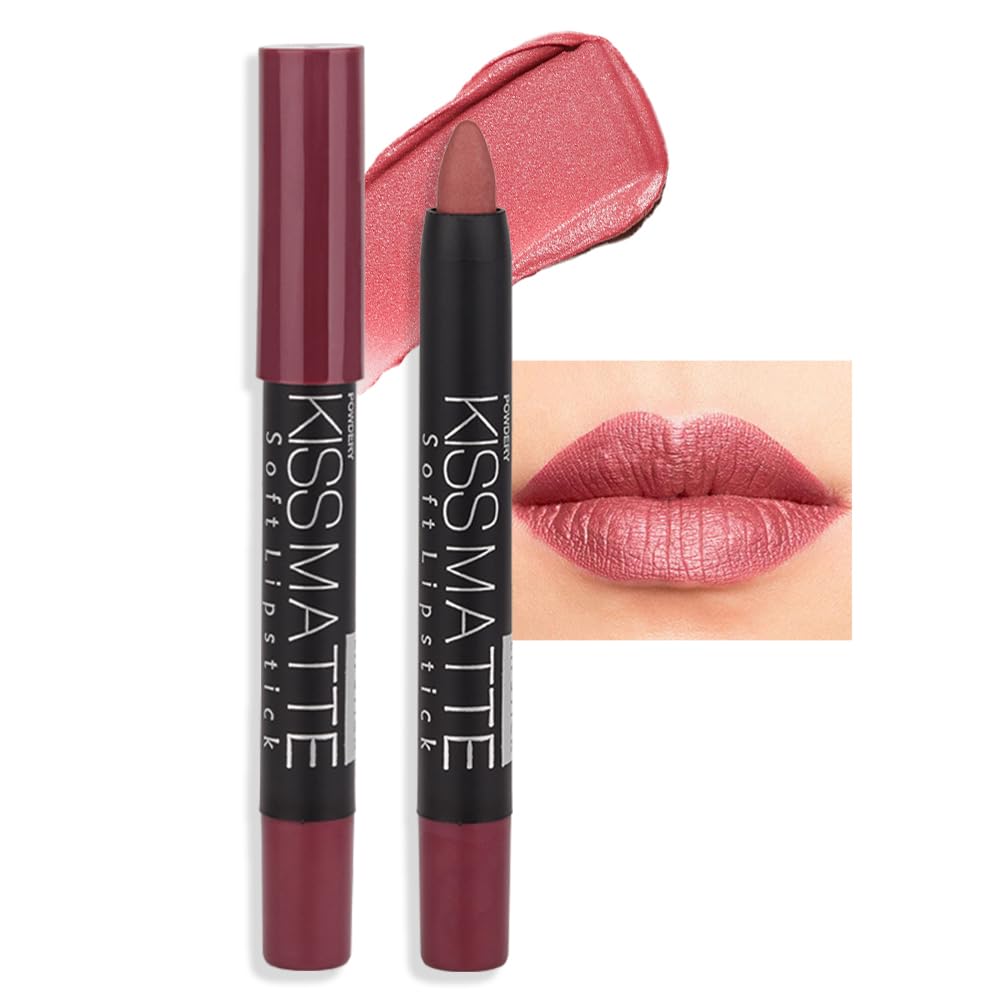 Evpct Dnm 1Pcs Light Pink Metallic Lipstick And Lip Crayon Liner Pencil Pen Set For Women Lip Stain Long Lasting Waterproof Labi