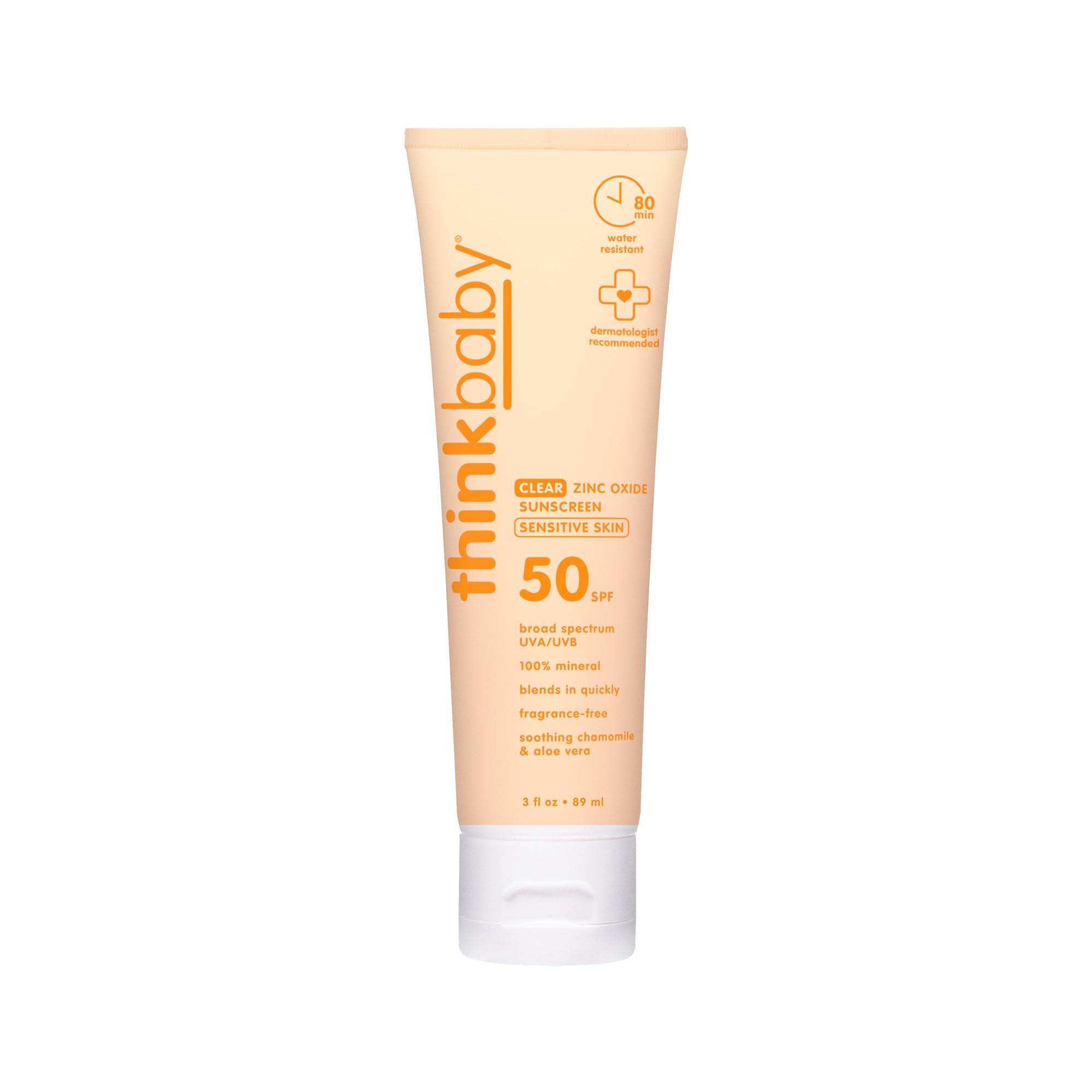 Thinkbaby Mineral Sunscreen for Sensitive Skin, SPF 50 Clear Zinc Oxide Baby Sunblock, 3 Fl Oz, Broad Spectrum UVA/UVB Protectio