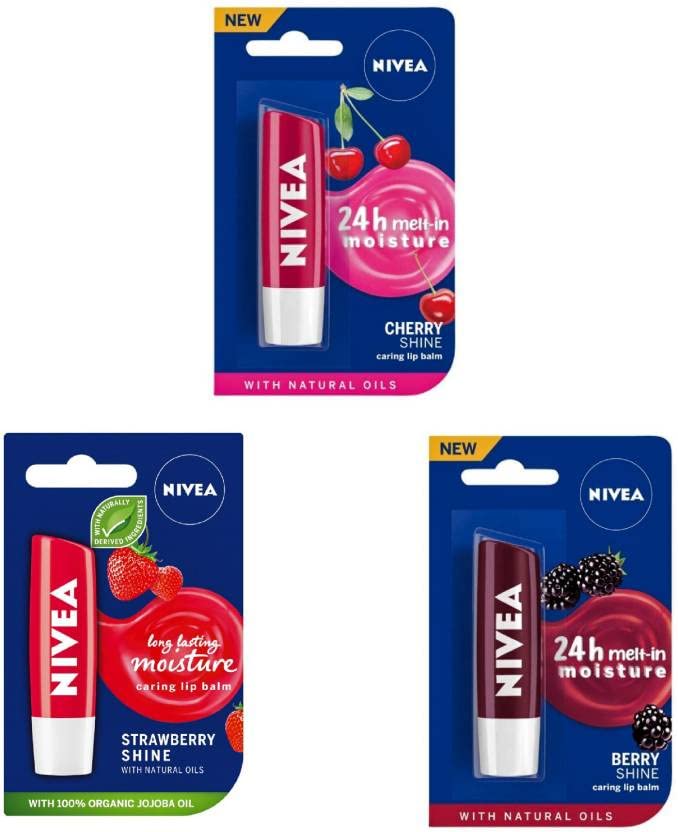 Nivea Combo Of 3Pcs Lip Balm(14 Cherry Shine, Strawberry Shine, Berry Shine)(Pack Of: 3, 14.4 G)