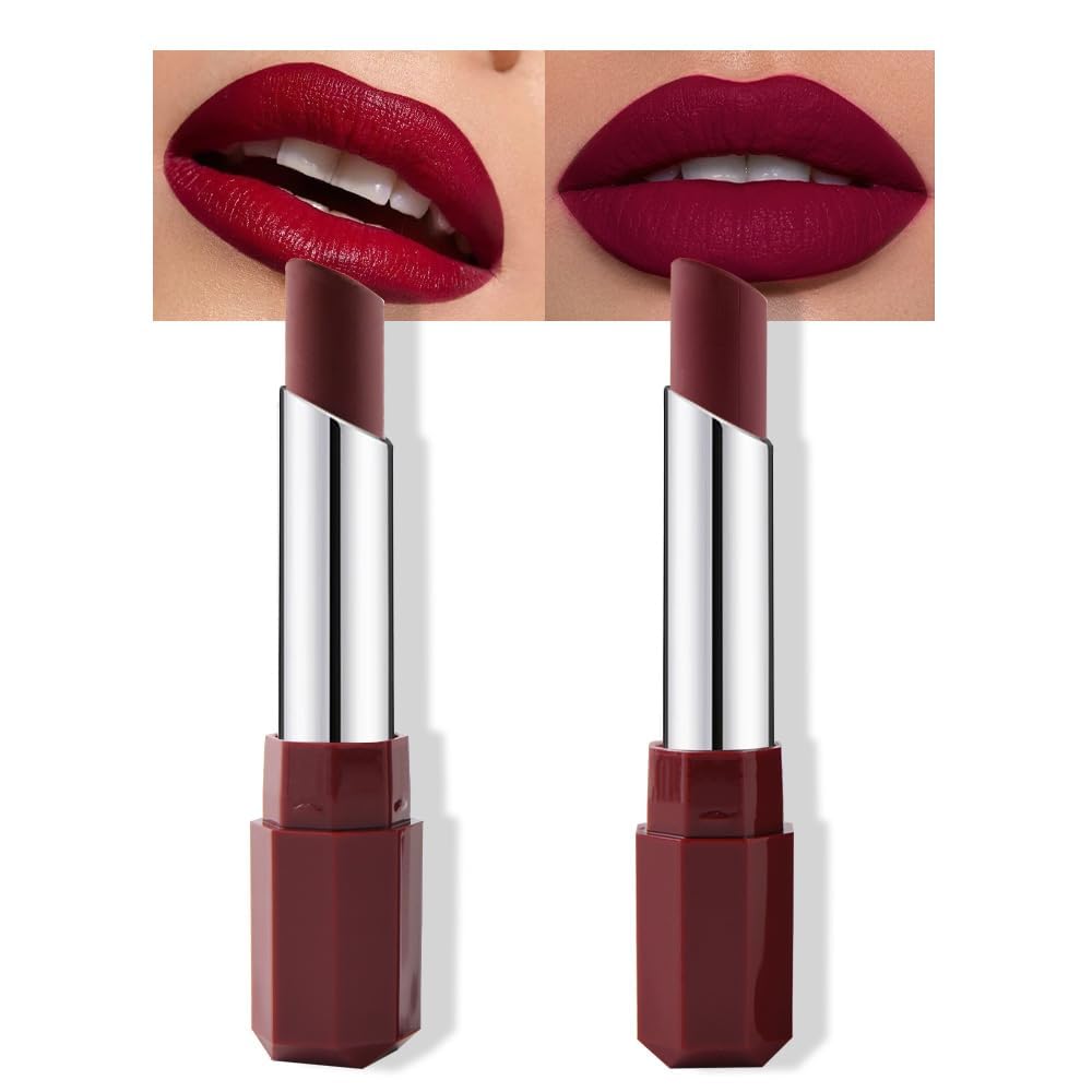 HHLTOH 2Pcs Red Matte Cream Lipstick Set for Women, Maroon Burgundy, Twist-Up Smooth Long-Lasting Lip Color, Lightweight Hydrati
