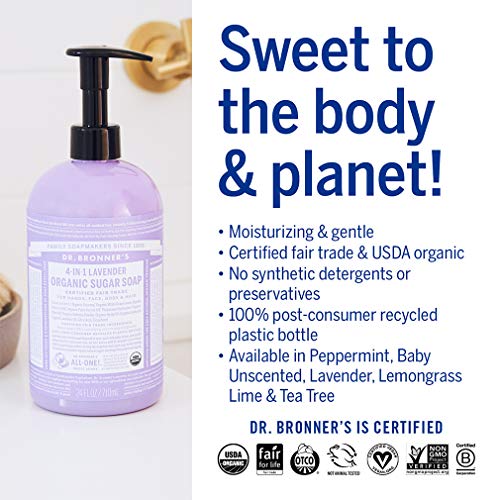 Dr BronnerAs - Organic Sugar Soap (Lavender, 64 Ounce) - Made with Organic Oils, Sugar and Shikakai Powder, 4-in-1 Uses: Hands,