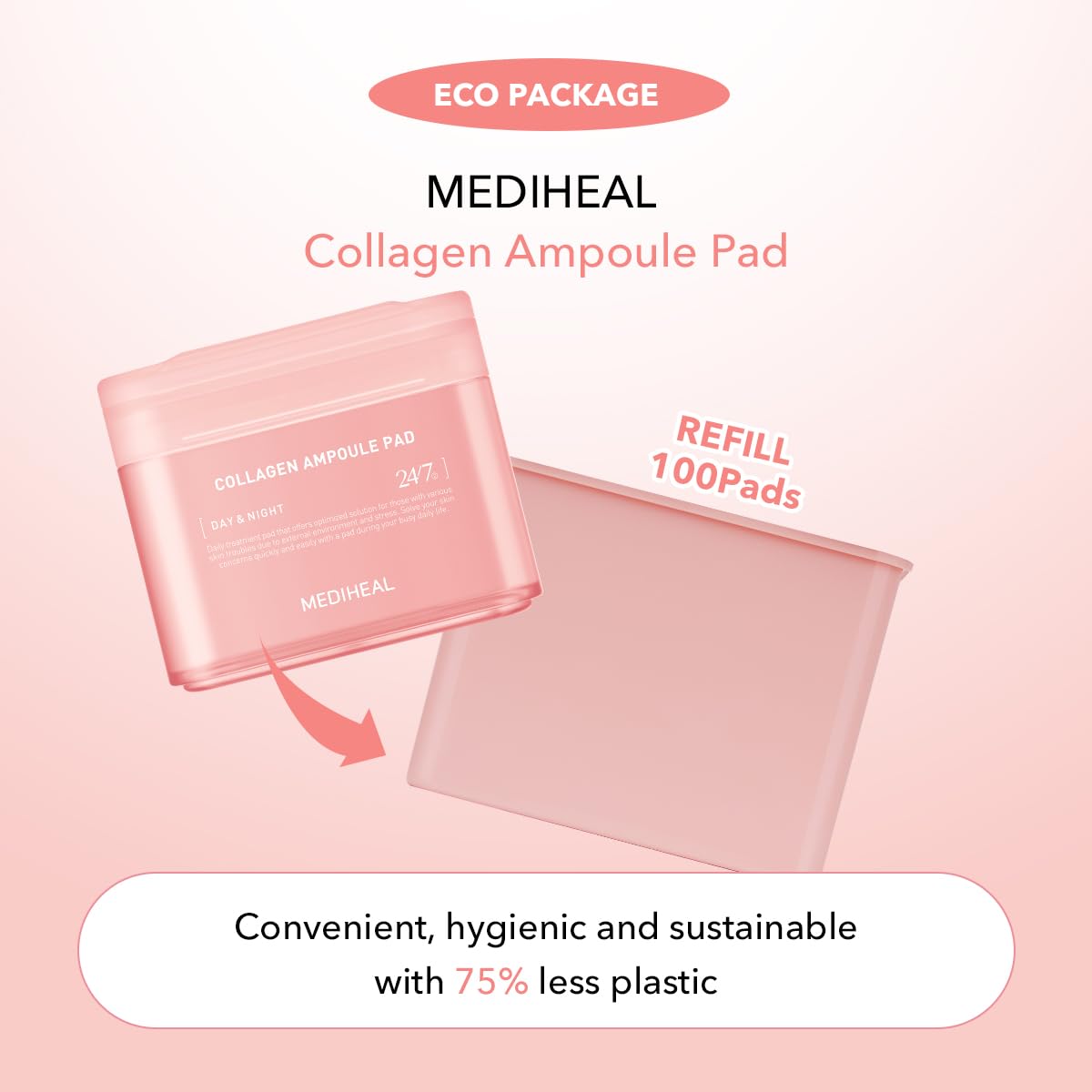 (Only Refill) Mediheal Collagen Ampoule Pad (100 Pads) - Cotton Facial Toner Pads For Skin Firming & Restore Elasticity - Vegan