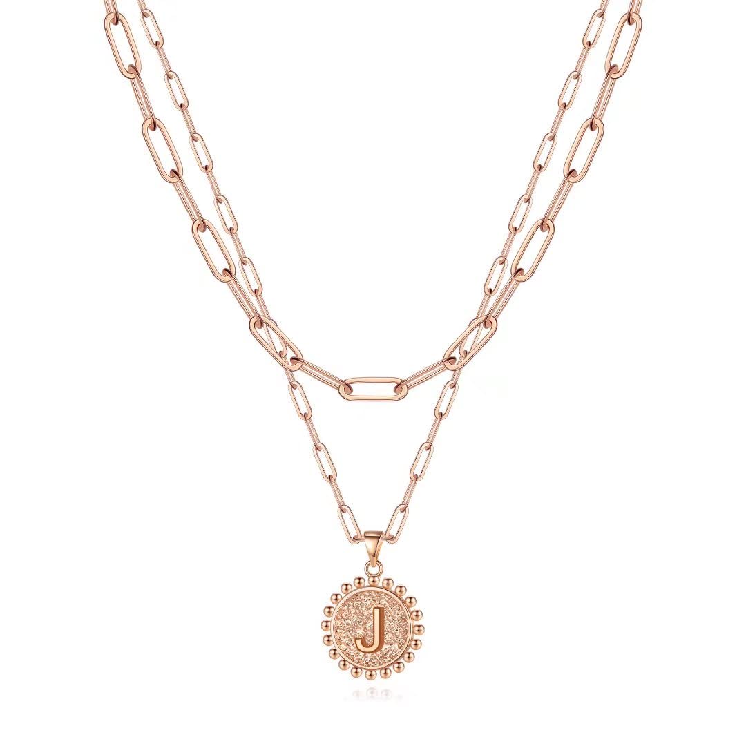Ursteel Layered Initial Necklaces for Women, Letter J Initial Necklaces for Women Rose Gold Necklace Layered Paperclip Chain Nec