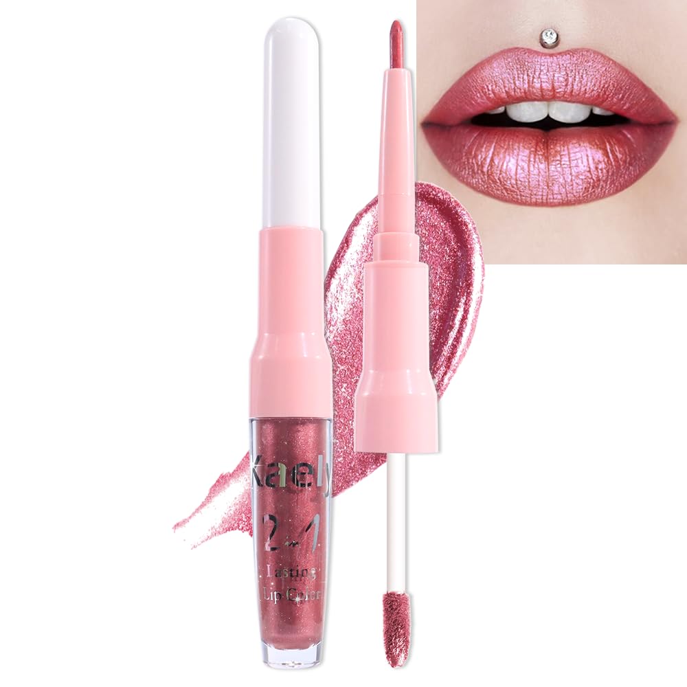 BINGBRUSH 2in1 Metallic Lipstick and Lip Liner, Highly Pigmented Shimmer Liquid Lip Color, Glitter Glossy Finish, 24H Long Last