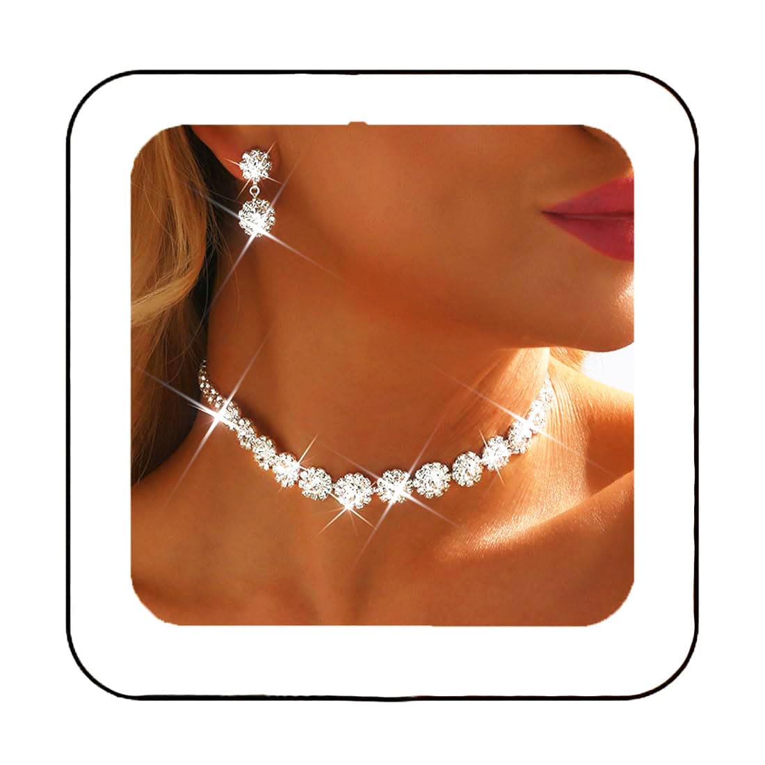 Unicra Silver Rhinestone Choker Necklace Earrings Sets Bridal Wedding Jewelry Set Prom Costume Jewelry for Women and Brides (Sil