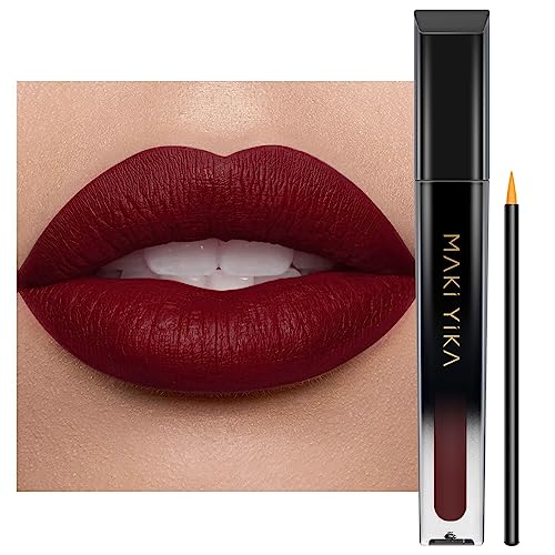 Maki Yika Burgundy Red Lipstick Matte Long Lasting, Dark Red Liquid Lipstick Smudge Proof, Vampy Matte Lips No Transfer, Cruelty