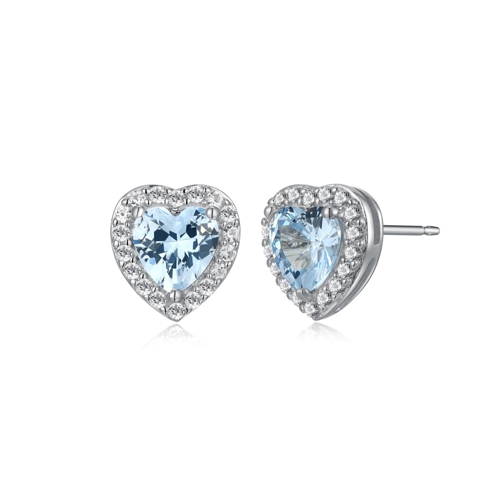 Amazon Essentials Sterling Silver Created Aquamarine and Created White Sapphire Halo Heart Stud Earrings, (previously Amazon Col