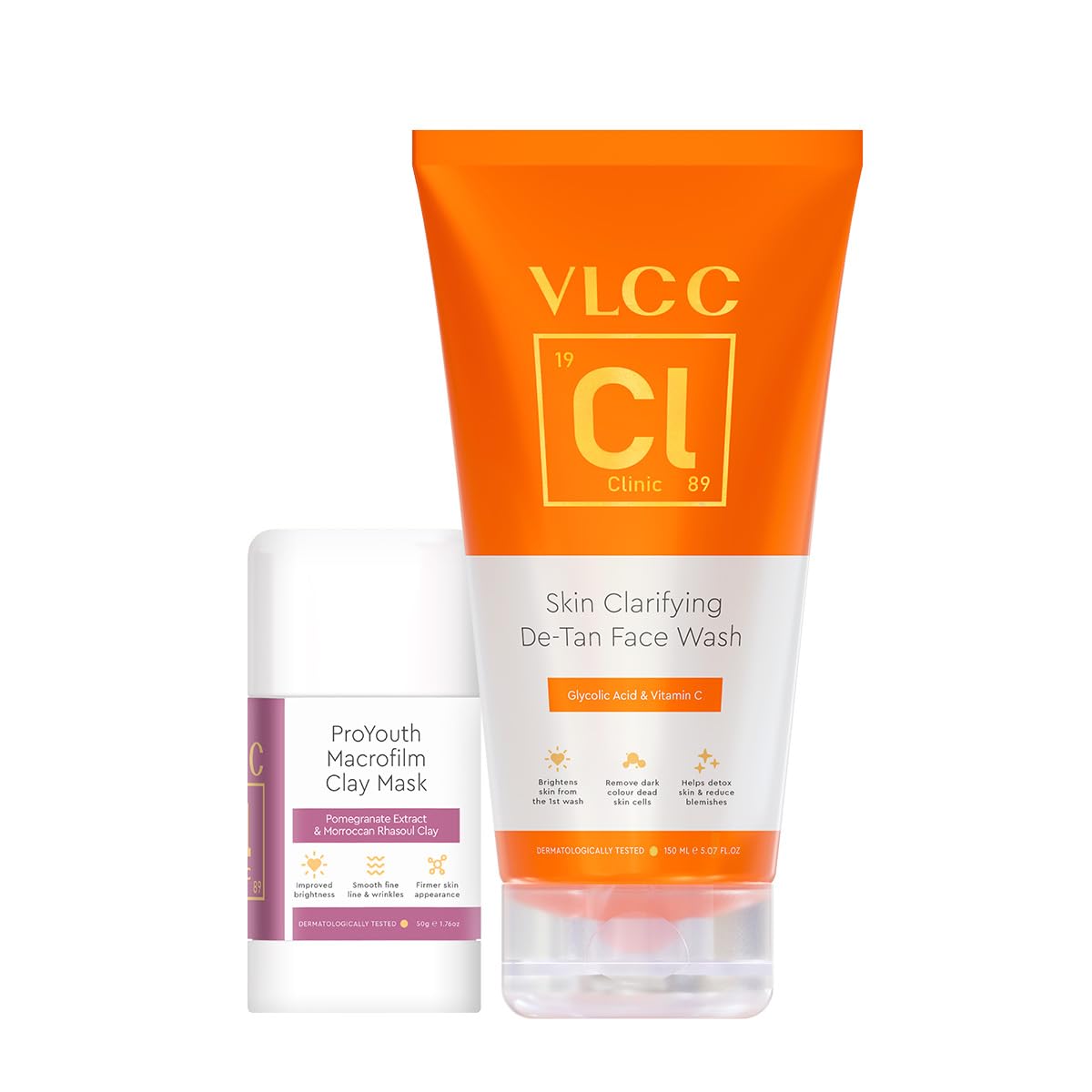 Vlcc Clinic Age Perfect Combo | Skin Clarifying DeTan Facewash  150Ml With Vitamin C & Glycolic Acid + Pro Youth Macrofilm Cla