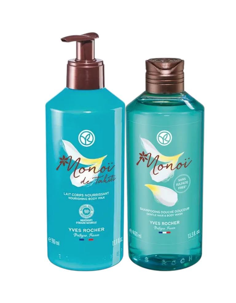 Yves Rocher Mono de Tahiti Monoi Moisturizing Body Milk and Gel Set of 2 Coconut and Tiare Scent Lotion All Skin Types 390 ml./1