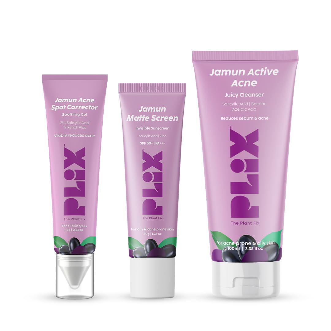 Plix - The Plant Fix Jamun Acne Control Regime With Salicylic Acid | Get Spot Corrector Gel, Juicy Cleanser & Invisible Sunscree