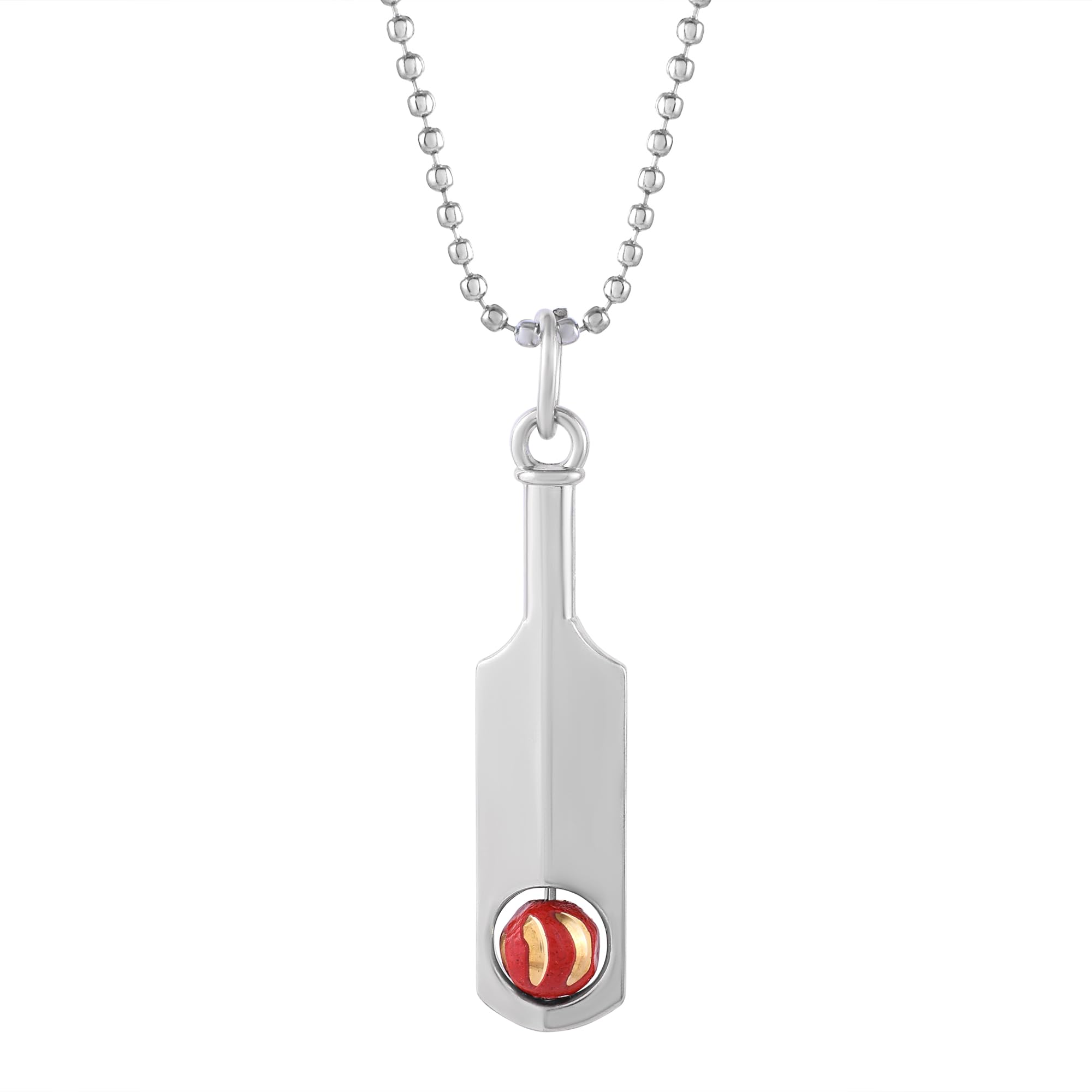 Morir Silver Plated Brass Cricket Bat With Rotating Ball Locekt Pendant Chain Necklace Jewellery For Men Women
