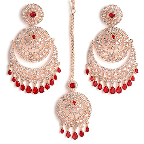ZENEME Rose Gold Plated American Diamond Studded Maang Tikka & Earrings Jewellery Set For Woment and Girl (Rose Gold Red)