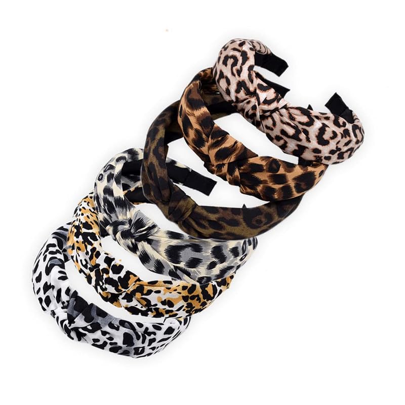 Shidara 4 Pcs Leopard Print Headbands For Women Cross Bow Knot Wide Elastic Hairband Hair Hoops Hair Accessories For Yoga Outdoo
