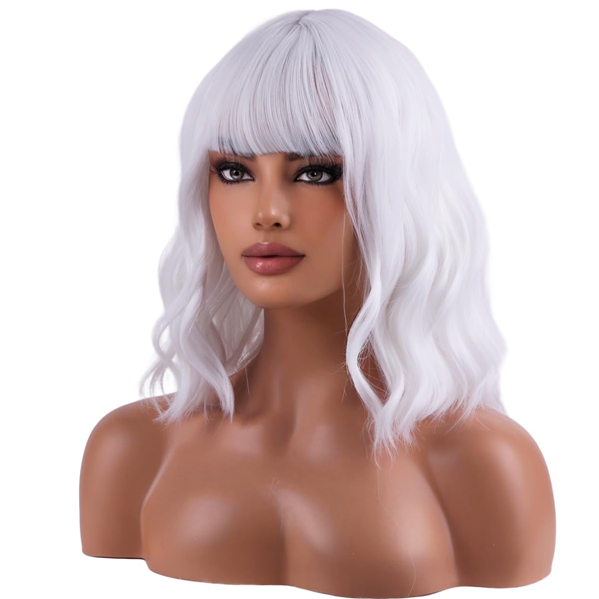Wthcos White Wig Short Bob Wig Short White Wig With Bangs Curly Wavy White Wig For Women Heat Resistant Synthetic Hair Wigs For
