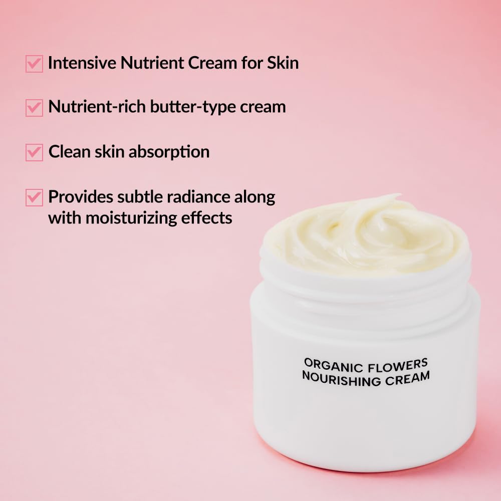 Whamisa Organic Flowers Nourishing Cream, 95.2% Organic, Waterless Formula, Fermented Postbiotic for Deep Hydration & Soothing,